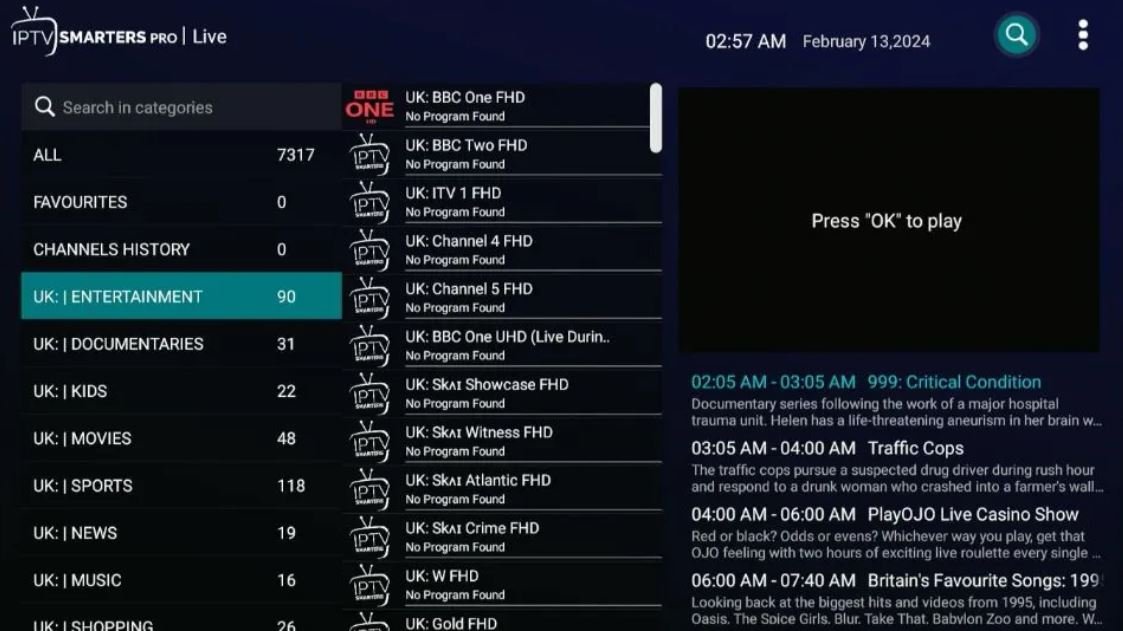 Catalogue de chaînes OTT Premium chargé dans IPTV Smarters Pro