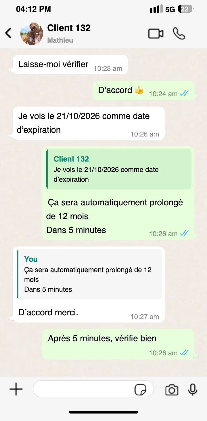 Message de satisfaction client WhatsApp sur ott premium