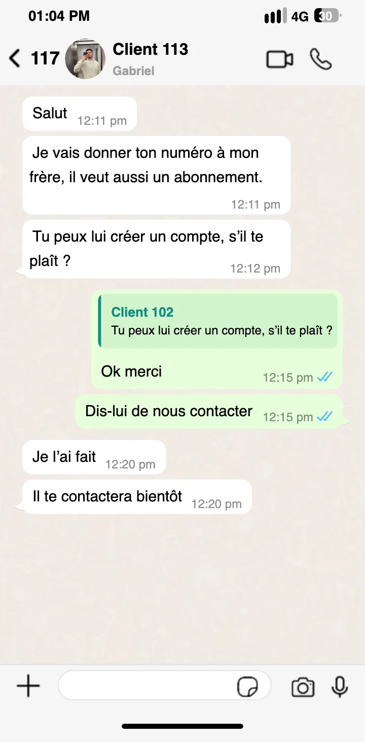 Screen WhatsApp client assisté pour l'activation de ott premium