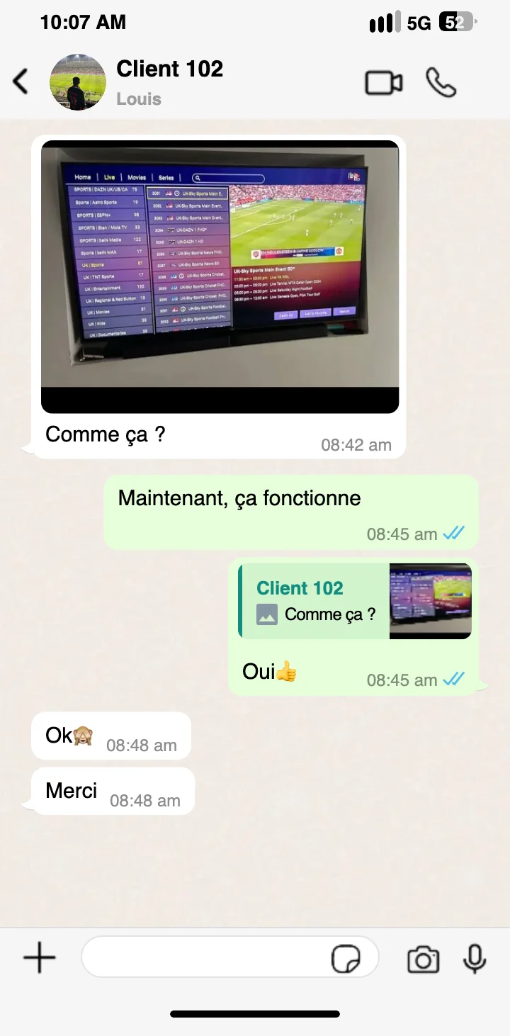 Capture d'écran WhatsApp d'un client validant le bon fonctionnement de son boîtier